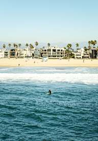 A person is swimming in the ocean near a beach with buildings and palm trees in the background.
