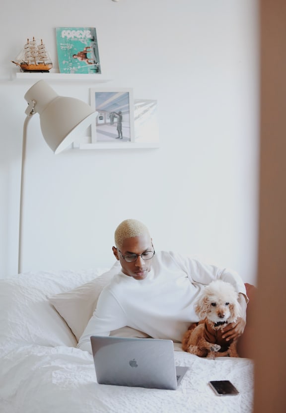 Man Sitting on Bed with Dog Working on Laptop