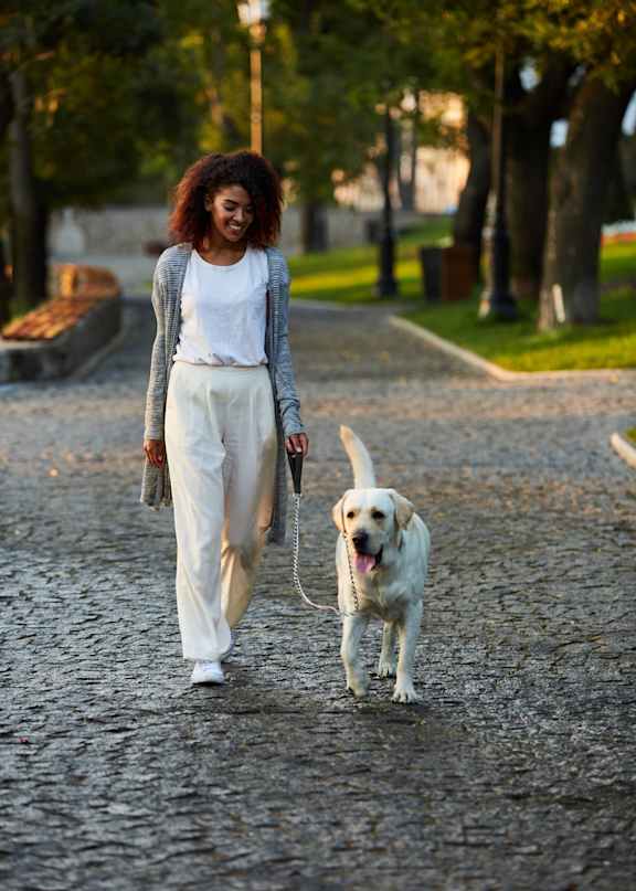 Woman Walking with Dog Through Park