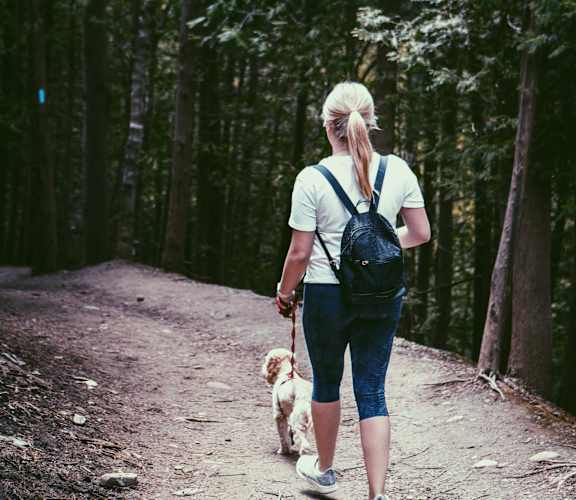 Woman Walking Dog on Leash Through Forest