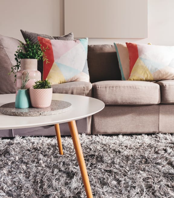 a living room with a sofa and coffee table with potted plants