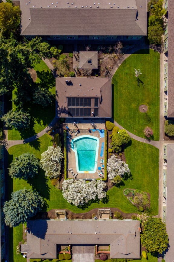 Aerial View of The Clairmont Pool and Clubhouse in Eugene, Oregon
