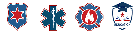 Four different service badges are displayed, including police, medical, fire, and education.