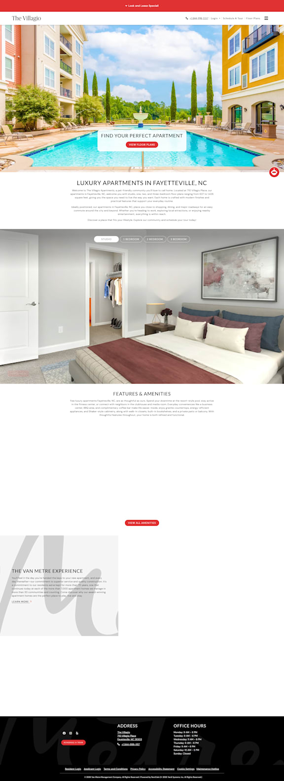 A webpage showcasing a pool and a room with a bed and a painting.
