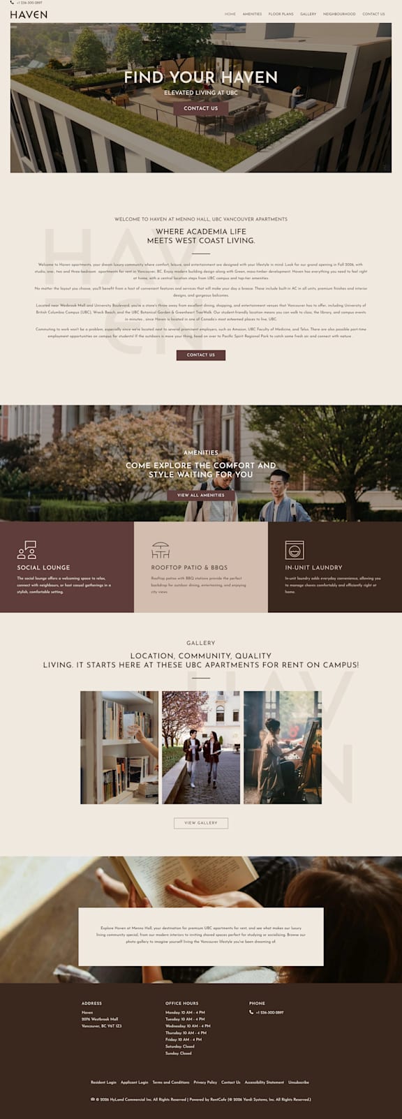 A webpage with a brown and white color scheme and images of a building, a person, and a tree.