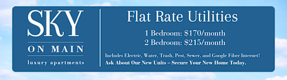 a picture of a kitchen with text that reads flat rate utilities