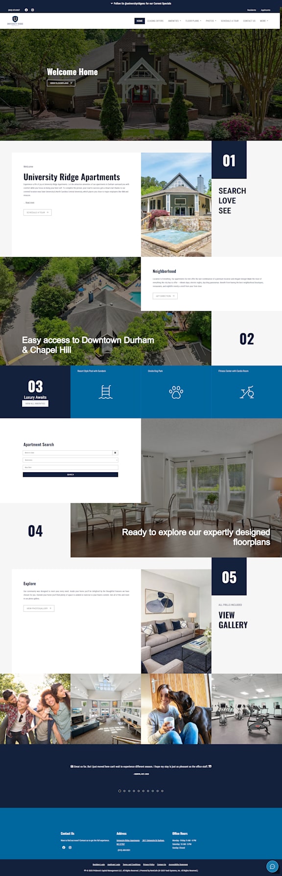 A webpage showcasing various apartments with a navigation menu at the bottom.