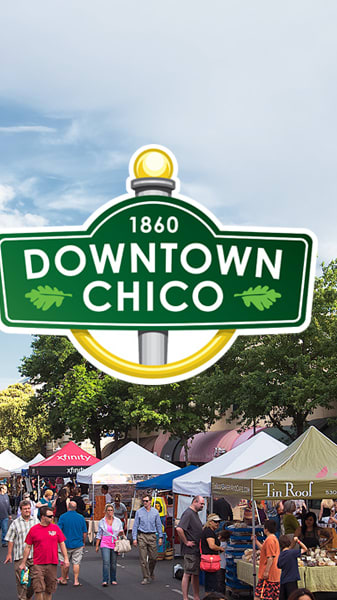 a sign for the downtown chico area of a city street