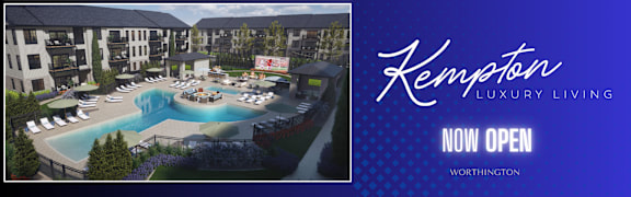 A luxury living complex named Kempton is advertised for late spring 2025 in Worthington.
