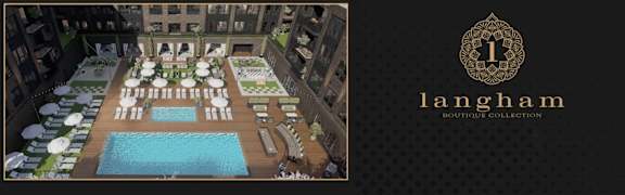 A pool surrounded by tables and chairs is the main feature of this image.