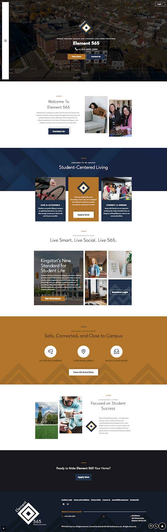 A webpage with a dark blue and gold color scheme, featuring images and text related to student life and campus.