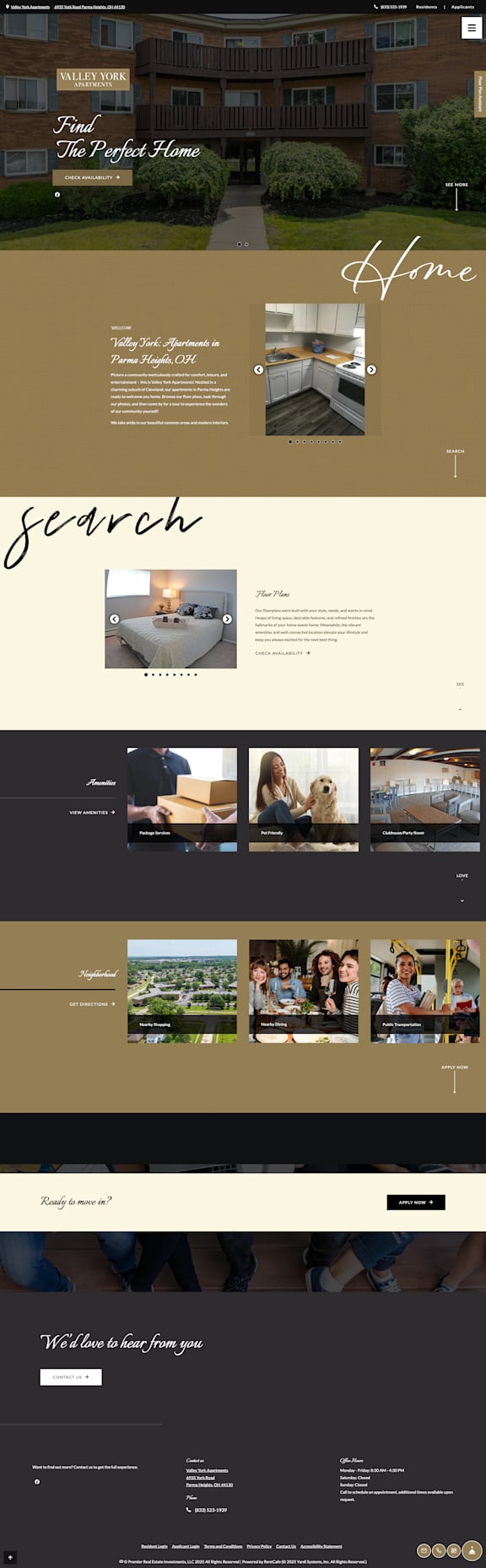 A webpage with a beige background and images of a home and people.
