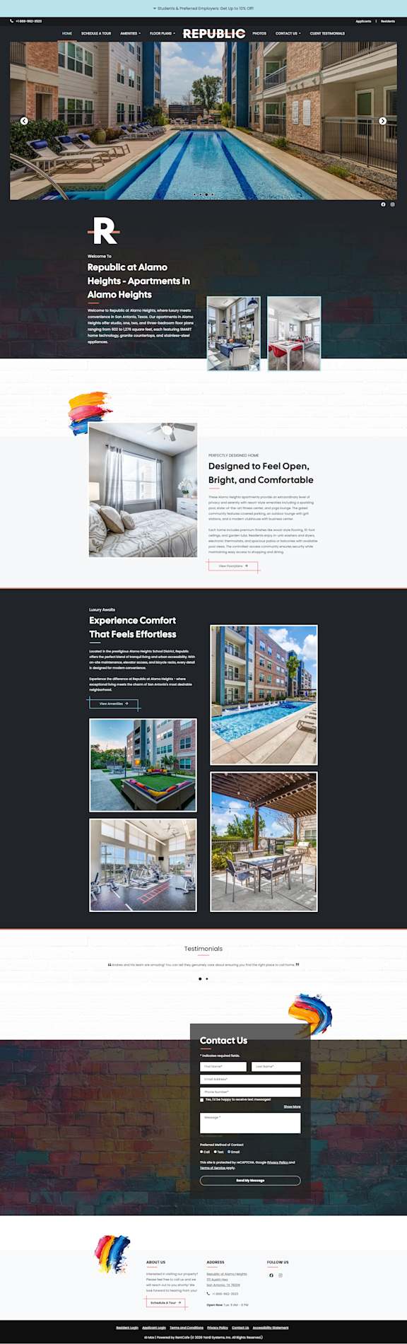 A webpage showcasing a pool and various amenities of a residential complex.