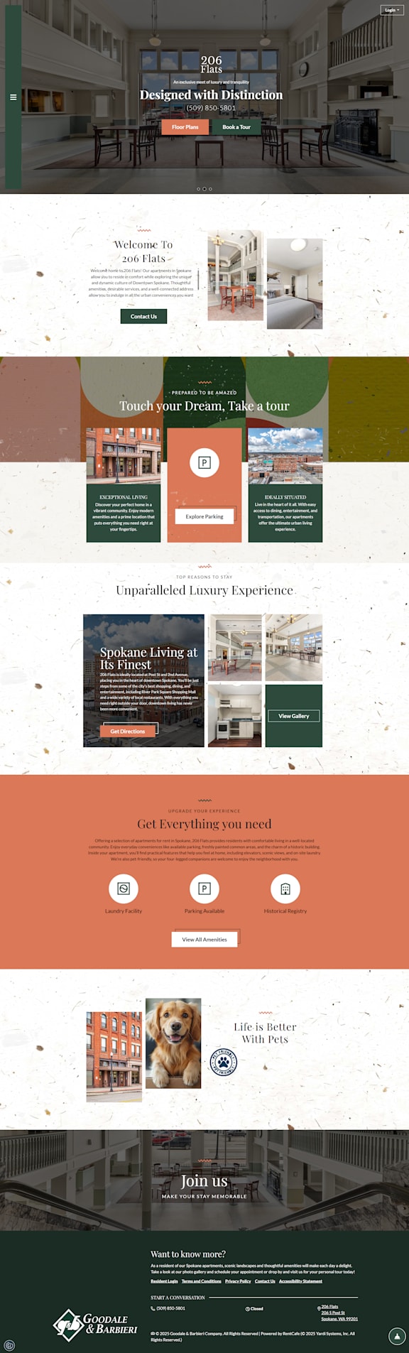 A webpage showcasing various images of a pet-friendly apartment complex.