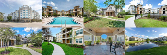 a collage of photos of apartments and lawns and trees