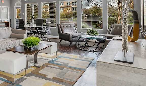 Community Clubhouse with Fireplace at Misty Ridge Apartments located in Woodbridge, VA.