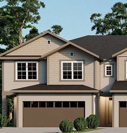 A modern two-story house with a large garage.
