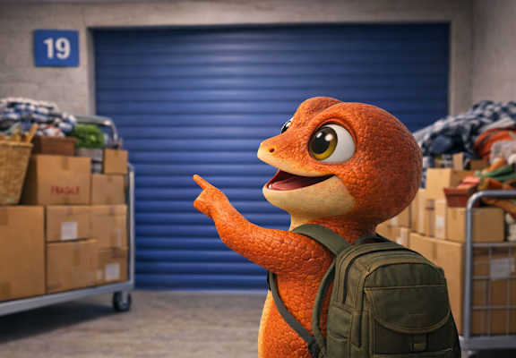 A cartoon turtle with a backpack is standing in a room with a blue door and a cart filled with boxes.