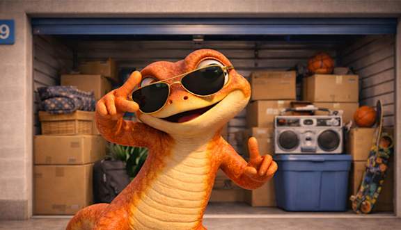 A cartoon turtle with a backpack is standing in a room with a blue door and a cart filled with boxes.