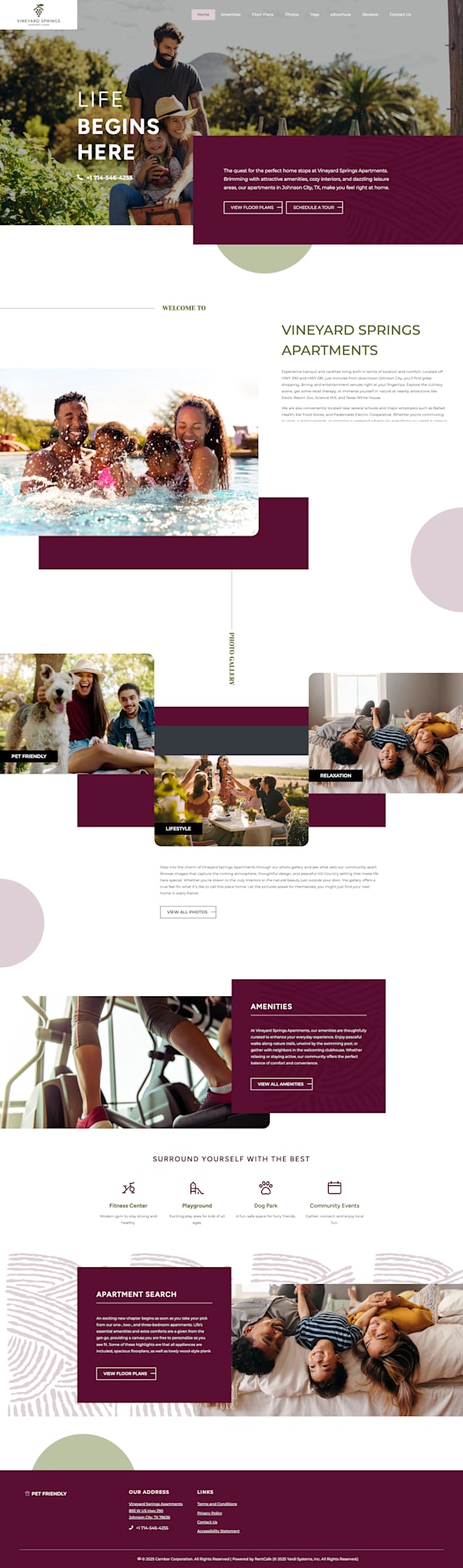 A brochure for Vineyard Springs Apartments showcasing various amenities and lifestyle images.