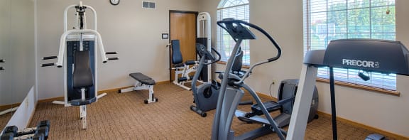 a variety of exercise equipment in the fitness center
