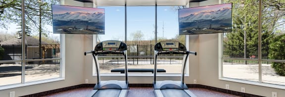 a treadmill in front of large windows with a view of a snow covered mountain