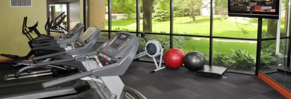 a treadmill and other exercise equipment in front of a large window