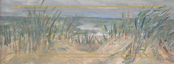 A painting of a field with tall grasses and a body of water in the distance.