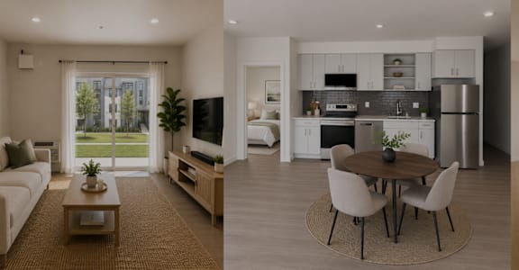 A modern living room with a large window, a kitchen, and a dining area.