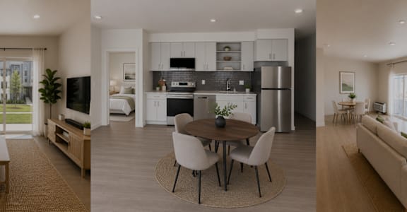 A modern living room with a large window, a kitchen, and a dining area.
