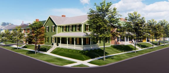 a rendering of a green house with trees in front of it