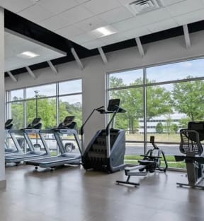a rendering of a gym with exercise equipment and windows