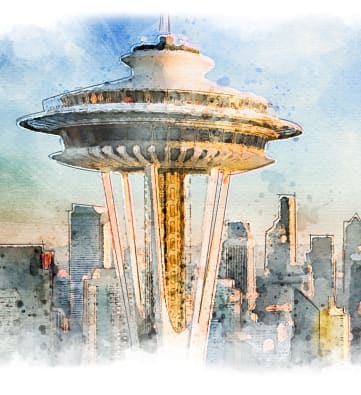 a watercolor painting of the space needle in seattle