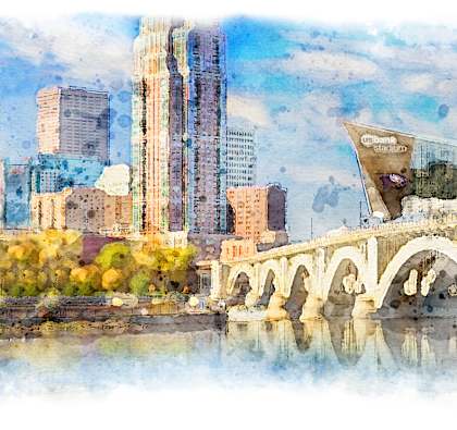 a watercolor painting of a cityscape with a bridge