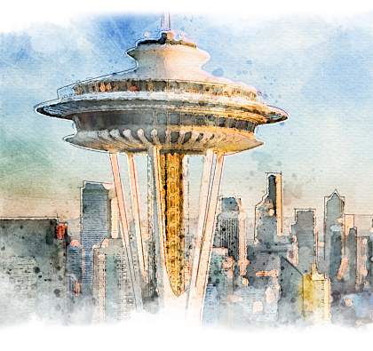 a watercolor painting of the space needle in seattle