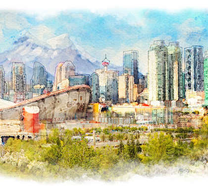 a watercolor painting of a city with a view of the mountains and a train