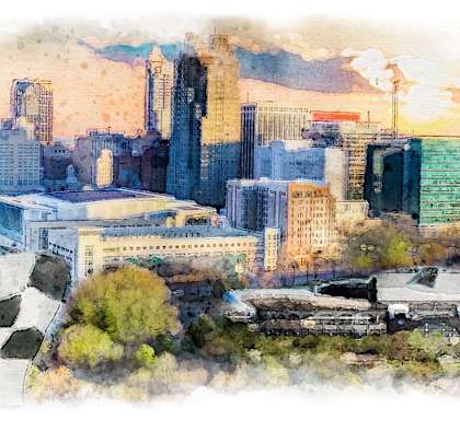 a watercolor painting of a city skyline and a basketball ball