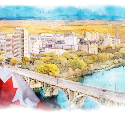 a watercolor painting of a city with a river and a bridge