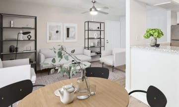 Model living room and kitchen at Haven at Water's Edge Apartments in Tampa, Florida