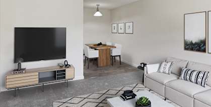 Model Living Room with Carpet and View of Dining Room at The Grove at Walnut Creek Apartments located in Walnut Creek, CA-HERO.