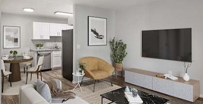 Model Living room with Wood-Style Flooring and View of Kitchen at Ridgeline Apartments in Tucson, AZ-HERO.