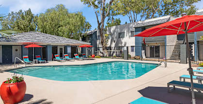 Community Swimming Pool with Pool Furniture at Solano Springs Apartments in Tucson, AZ-HERO.