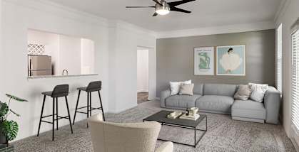 Model Living Room with Carpet and Patio Accessibility at Parkside at Town Center Apartments in Marietta, GA-HERO.