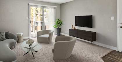 Model apartment living room with couches and chairs and a television