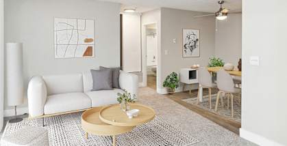 model apartment living room with a couch and a table