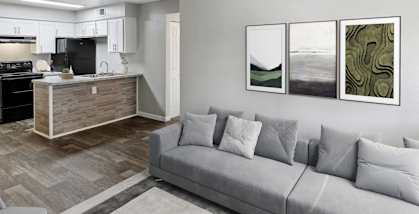 a living room and kitchen in a model home
