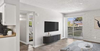 Model apartment living room with a couch and a tv on the wall