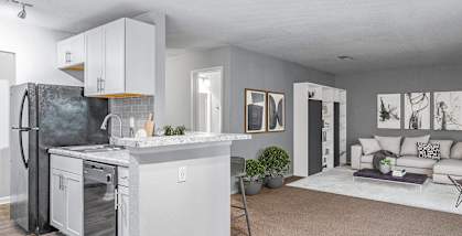 an open living room with a kitchen and a couch