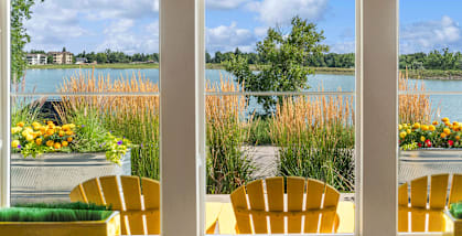 Lakeside view from clubhouse at Waterfront Apartments in Lakewood, CO.