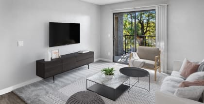 Model apartment living room with a couch and a chair and a television